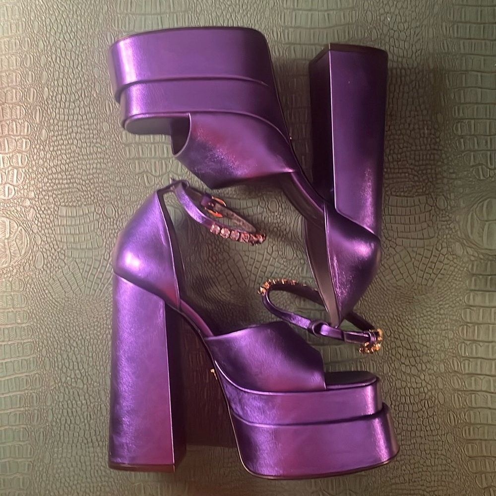 Versace Aevitas dark orchid nappa double platform with jeweled ankle strap, 38